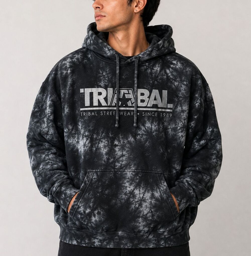 Tribal Streetwear Men's Tie Dye Black Gray Pullover Graphic Hoodie XL
